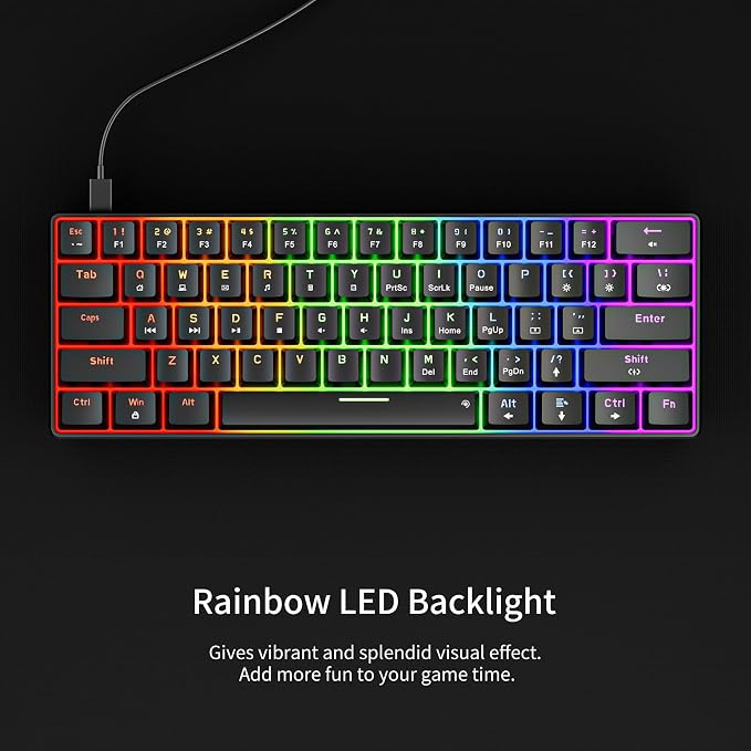 Newmen GM611 Mechanical Keyboard,LEDBacklit Wired Gaming Keyboard RedSwitch | Compact Portable,Mini 61 Keys,LED Backlit,60 Percent Mechanical Keyboard,Black Keycaps,Windows Laptop PC,Linear Red Switches - Image 2