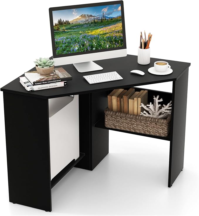 GOFLAME Corner Desk with Storage Shelves, Triangular Computer Desk with Cable Management Holes, Laptop Workstation for Small Space, Makeup Vanity Desk for Living Room, Study, Black by GOFLAME