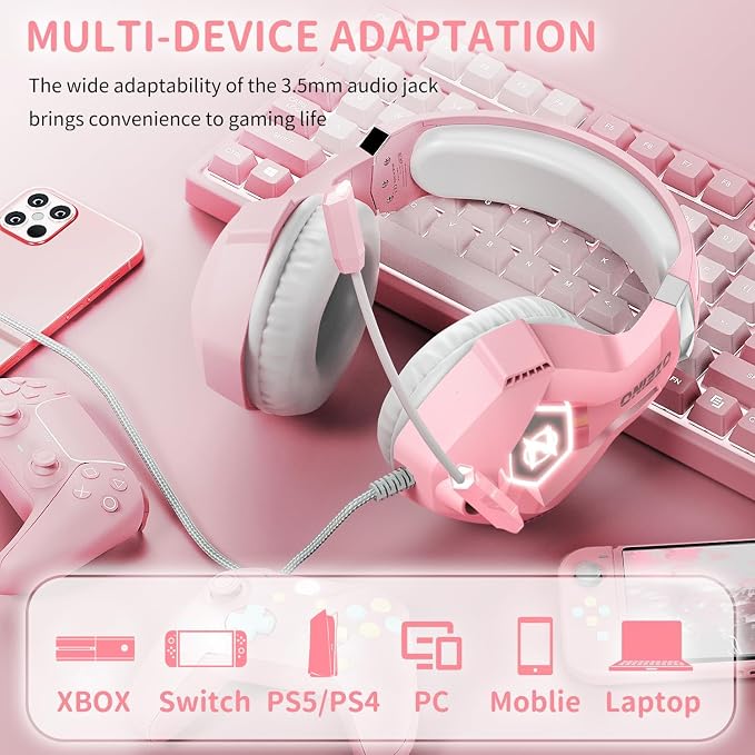 Ozeino Gaming Headset for PC, Ps4, Ps5, Xbox Headset with 7.1 Surround Sound, Gaming Headphones with Noise Cancelling Mic RGB Light Over Ear Headphones for Xbox Series X/S, Switch-Pink - Image 5