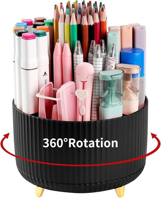 Desk Pencil Pen Holder, 5 Slots 360°Degree Rotating Pen Organizers for Desk, Desktop Storage Stationery Supplies Organizer, Cute Pencil Cup Pot for Office, School, Home, Art Supply, Black by EDENMS