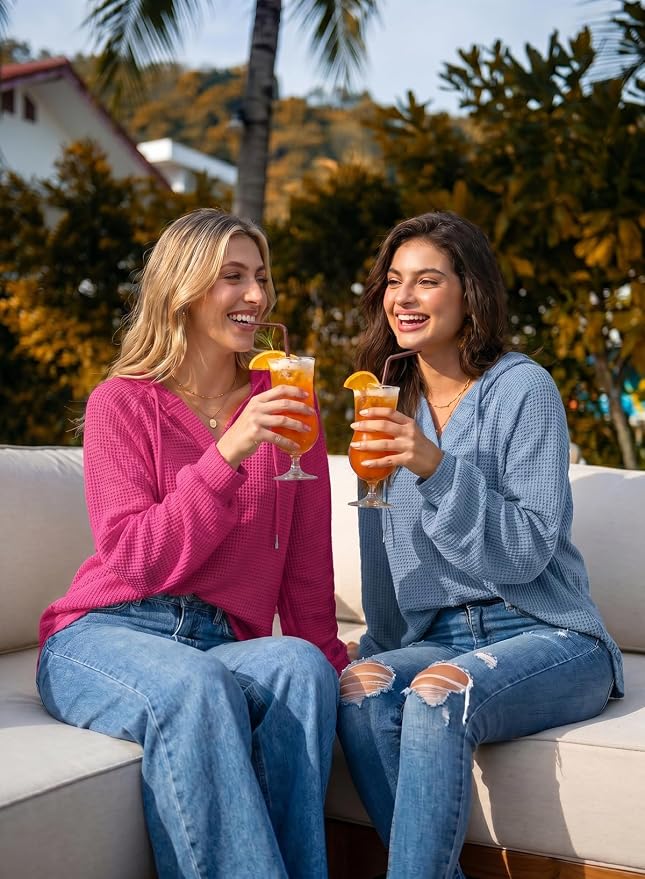 Dokotoo Hoodies for Women Waffle Knit Long Sleeve Drawstring Button V Neck Casual Sweatshirt Hooded Tops Fashion Clothing - Image 5