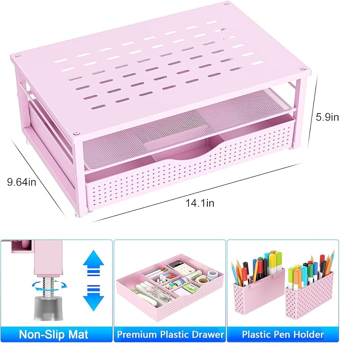 gianotter Desk Organizers and Accessories, Monitor Stand with Drawer and 2 Pen Holder, Desktop Organizer Suitable for Offices and Dormitories (Pink) - Image 6