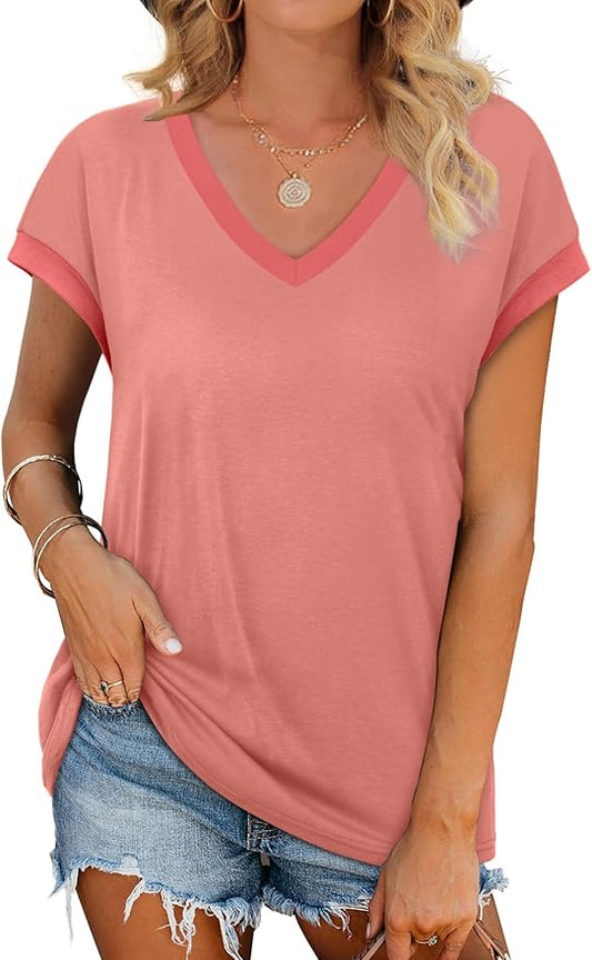 WIHOLL Womens Summer Tops 2026 Cap Short Sleeve Shirs V Neck T Shirts Fashion Beach Vacation Clothes Color Block by WIHOLL