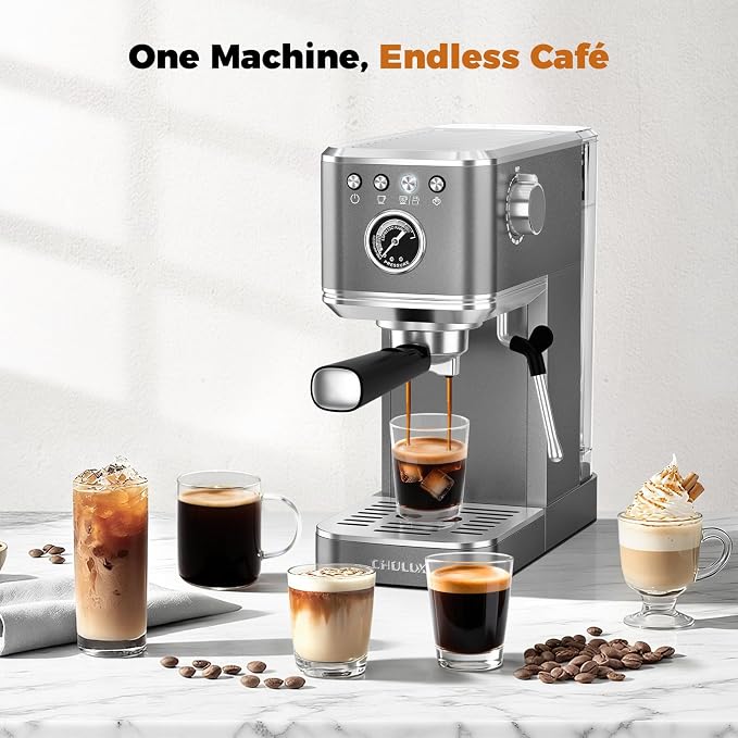 CHULUX Elite Espresso Coffee Machine with Steam Wand for Cappuccino, Gray | Hot and Iced Espresso, 1350W Fast Heating System, Visible Pressure Gauge, PID Temperature Control, Pre-Infusion Technology - Image 5