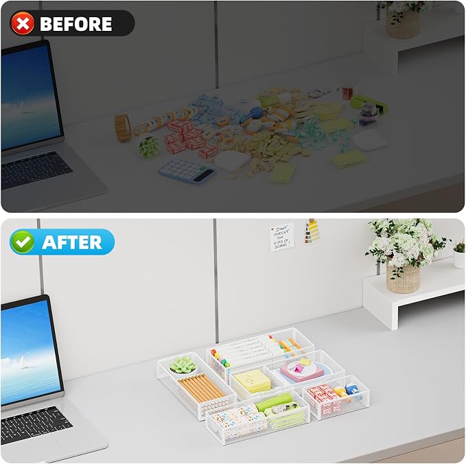 Marbrasse 5 Pack Desk Drawer Organizer Set, Mesh Drawer Storage Trays with 1 Adjustable Divider, Desk Organizers and Accessories, 5 PCS Drawer for Office Supplies, Makeup & Vanity (White) - Image 7