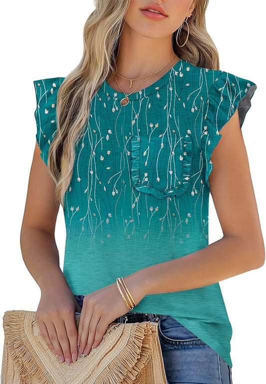 JUSTFASHIONNOW Womens Summer Tops Striped T-Shirts 2026 Ruffle Short Sleeve Crew Neck Casual Blouses with Pocket by Justfashionnow