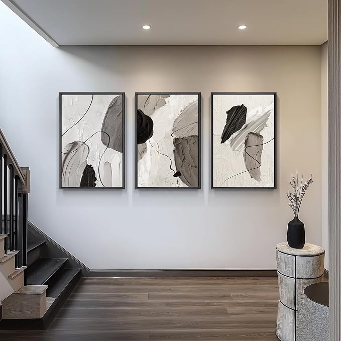 Large Framed Modern Abstract Wall Art for Living Room, 3 Piece Black White Gray Canvas Prints Paintings Artwork for Walls, Minimalist Abstract Pictures for Hallway, Stair, Office Wall Decor 24x36 In - Image 4