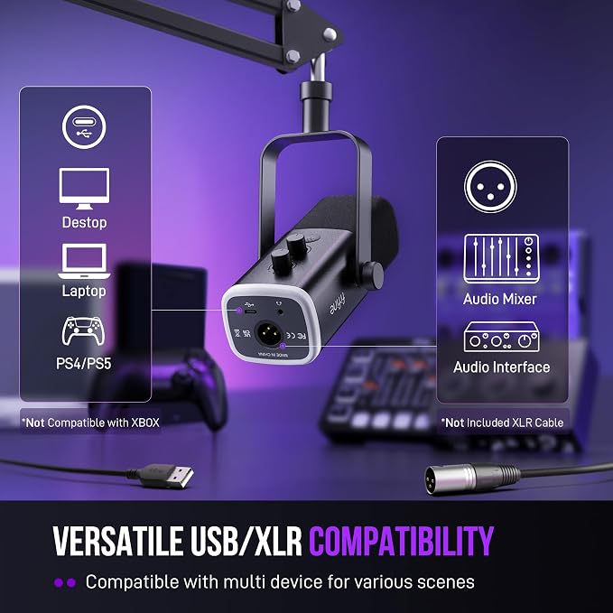 FIFINE AmpliGame AM8T XLR/USB Gaming Microphone Set, Dynamic PC Mic | Streaming RGB Mic Kit with Boom Arm Stand, Mute Button, Headphones Jack, for Podcasting Recording Vocal Voice-Over - Image 7