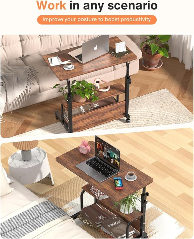 QZMDSM Portable Rolling Desk on Wheels Adjustable Height Desks for Small Spaces, 32" Computer Desk Drafting Tables with Storage Shelves for Home Office Rustic - Image 5