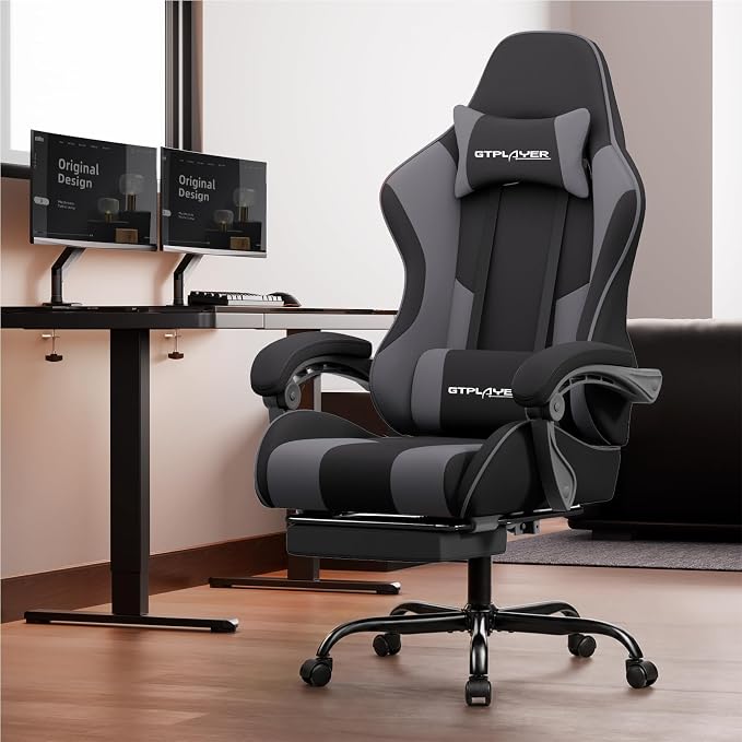 GTPLAYER Gaming Chair, Computer Chair with Footrest and Lumbar Support, Height Adjustable Game Chair with 360°-Swivel Seat and Headrest and for Office or Gaming (Darkgray, Fabric) - Image 2