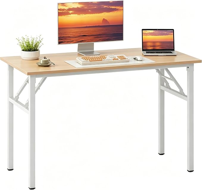 Need Office Computer Desk 47.2x23.6 in Sturdy Folding Laptop Table Teak | White Frame Writing Gaming Work Table/Foldable Home Office Desk/Sewing Table, No Assembly Required by Need