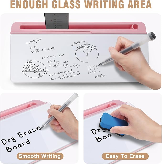 SELEAD Desktop Glass Whiteboard with Organizer & Built-in Mirror - Small Dry Erase White Board Computer Pad Keyboard Stand with Markers, Eraser, Holder for Women - Pink - Image 4