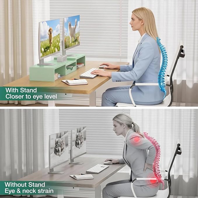OPNICE Dual Computer Monitor Stand Riser, Desk Organizer with Drawer, Office Desk Accessories & Workspace Organizers for Home Office Supplies, Green - Image 6