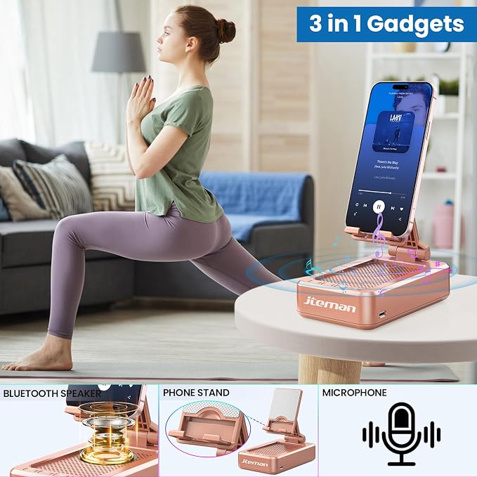JTEMAN Cell Phone Stand with Bluetooth Speaker,Brithday Gifts for Men Women,Phone Speaker Amplifier,Kitchen Gadgets for Men,Phone Holder for Desk - Rose Gold - Image 2