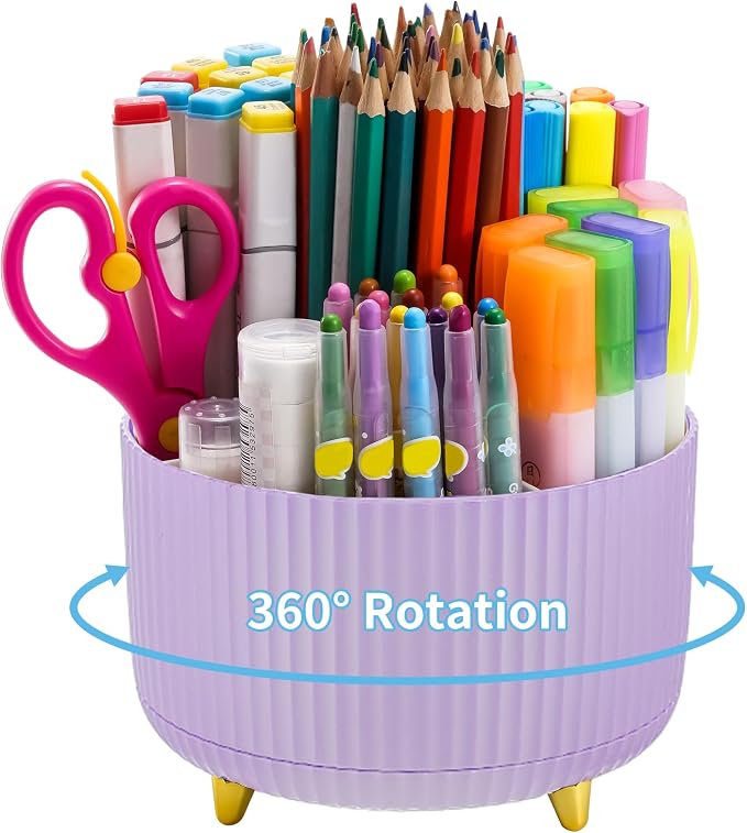 Marbrasse Desk Organizer, 360-Degree Rotating Pen Holder, Desk Organizers and Accessories with 5 Compartments Pencil Holder, Art Supply Storage Box Caddy for Office, Home（Purple） by Marbrasse
