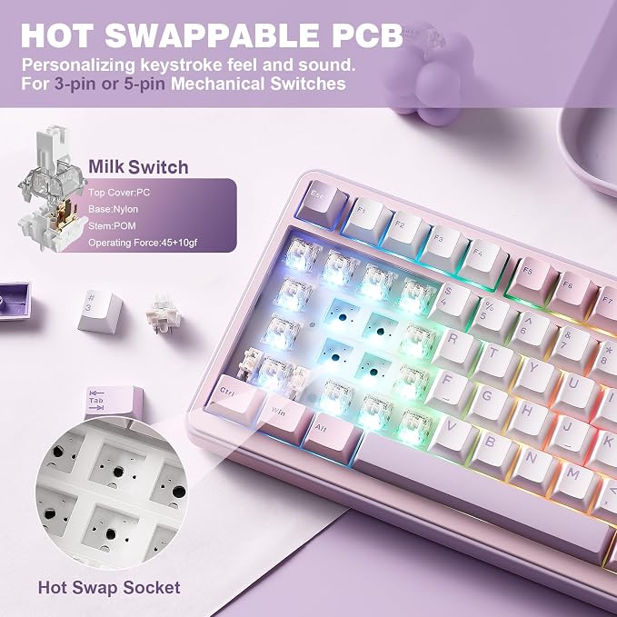 YUNZII B75 PRO 75% Wireless Mechanical Keyboard (Purple, Milk Switch) | Hot Swap Keyboard with Knob, Gasket Mount, Creamy Pre-lubed Switch for Smooth Typing, BT/USB-C/2.4G, for Gaming - Image 5