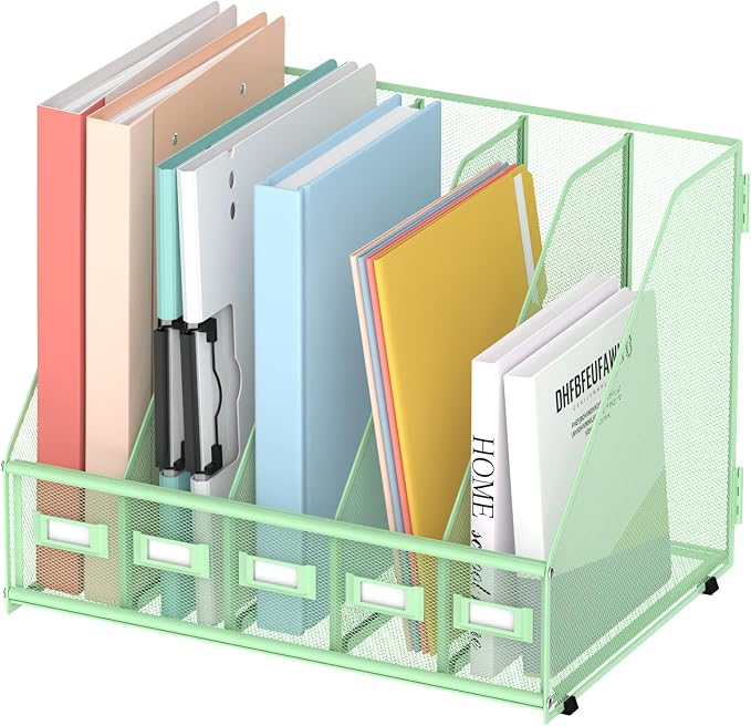 SUPEASY Desk Organizers Metal Desk Magazine File Holder with 5 Vertical Compartments Rack File Organizer for Office Desktop, Classroom, Home Workspace, Green by SUPEASY