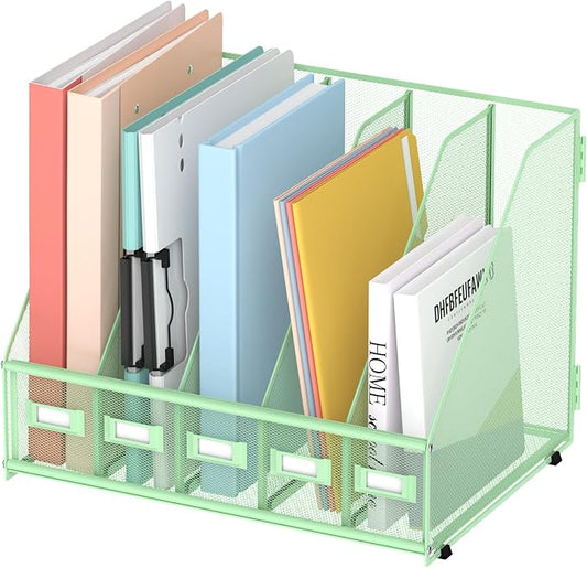 SUPEASY Desk Organizers Metal Desk Magazine File Holder with 5 Vertical Compartments Rack File Organizer for Office Desktop, Classroom, Home Workspace, Green by SUPEASY