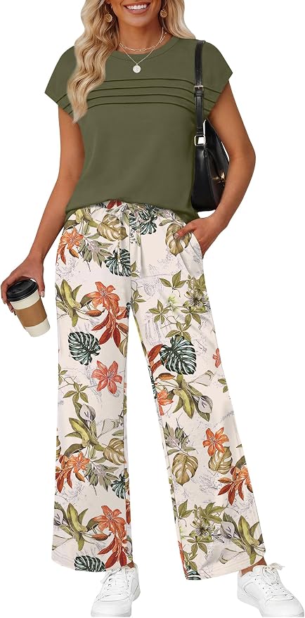 WIHOLL Two Piece Set for Women Summer Spring Outfits Matching Sets Women Clothing Airport Travel Vacation Wide Leg Pants by WIHOLL