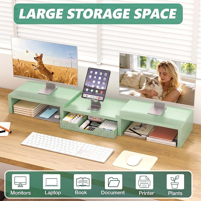 OPNICE Dual Computer Monitor Stand Riser, Desk Organizer with Drawer, Office Desk Accessories & Workspace Organizers for Home Office Supplies, Green - Image 4