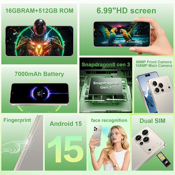 17 PMAX Unlocked Cell Phone,16GB+512GB Smartphone,6.99" HD Screen Android 15 5G Phones,Battery 7000mAh Android The Phone,Fingerprint Button Unlock/GPS/Face ID/Dual SIM/5G (Gray) - Image 2