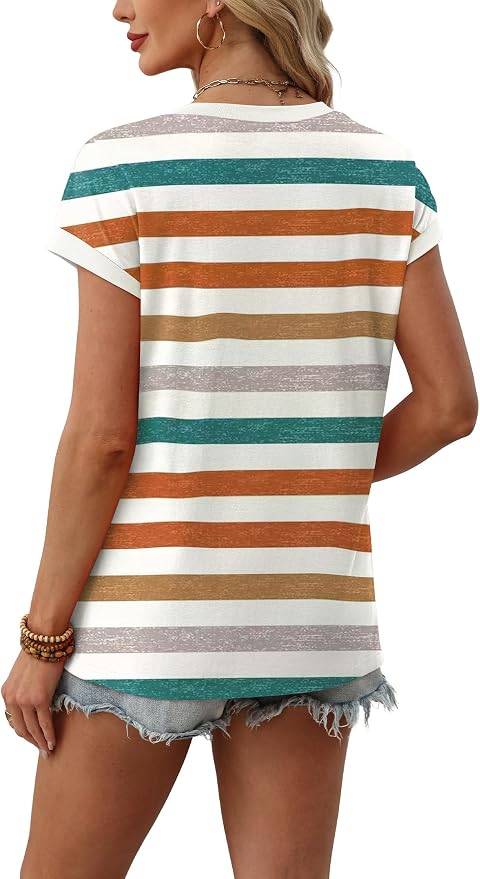WIHOLL Womens Summer Tops 2026 Cap Short Sleeve Shirs V Neck T Shirts Fashion Beach Vacation Clothes Color Block - Image 5