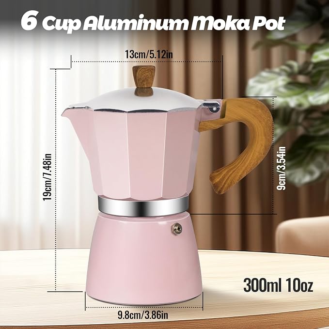 6 Cup Aluminum Moka Pot Classic Stovetop Espresso Coffee Maker 300ml 10oz Coffeemaker Percolator Mocha Pot Greca Coffee Maker Cafe Makers for Italian and Cuban Café Brewing Pink - Image 2