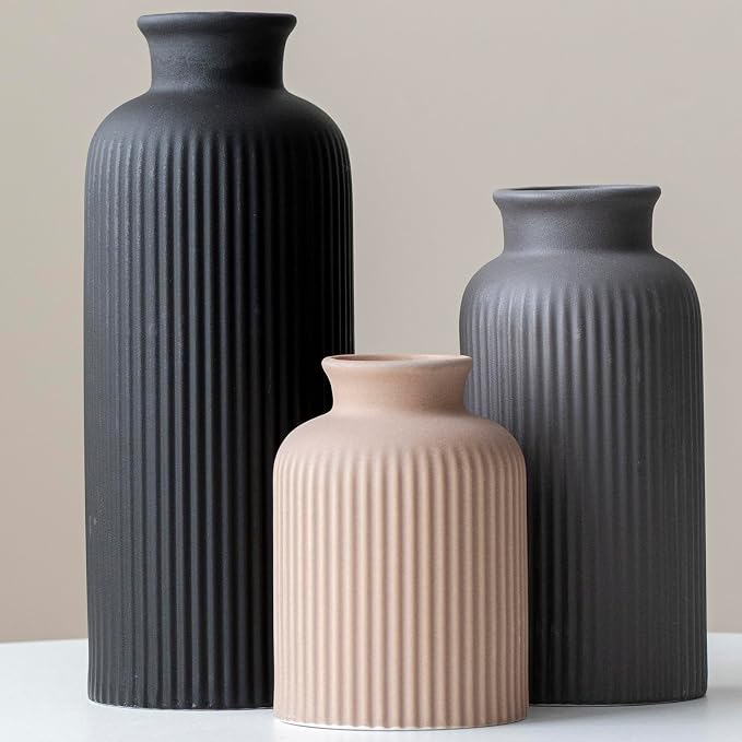 Large Modern Ceramic Vase Set, Black Ribbed Matte Finish, 3-Piece Decorative Vases for Home Living Room Office, 10 inch Tall, 4 inch Width (XL Black Mix) - Image 4
