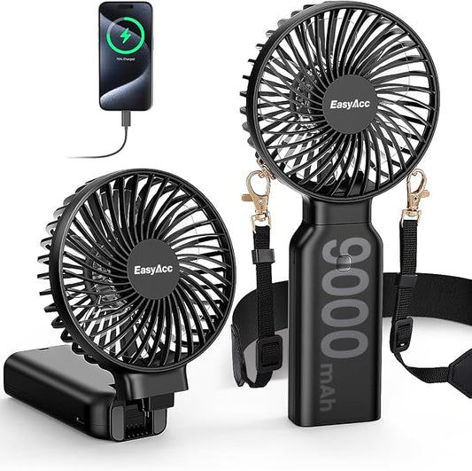 EasyAcc Portable Handheld Fan, 9000mAh + 53H Cooling Time+ ODM Durrable + with Hands-Free Camera Strap + Backup Power + 4 Speeds, Rechargeable Handheld Fan for Travel Outdoor by EasyAcc