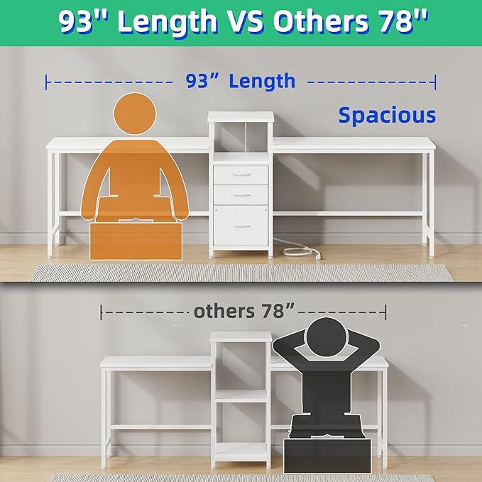 GYIIYUO 93'' Two Person Desk with Charging Station, Long Desk with 3 Drawer | Double Computer Desk with Printer Shelf, 2 Person Writing Study Table Workstation for Home Office, White - Image 3