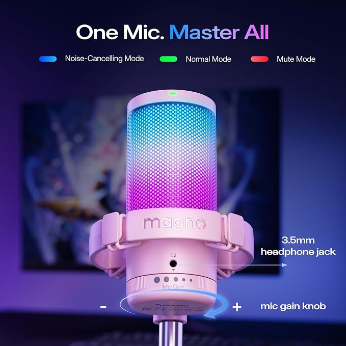 MAONO DGM20S USB Microphone for PC with Clear Voice & Noise Reduction | RGB Lighting, Tap-to-Mute, Gain Control, Monitoring and Boom Arm for Discord Gaming, Streaming, Content Creation.Pink - Image 5