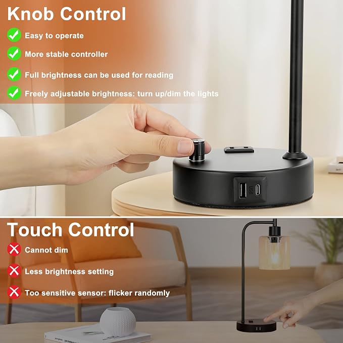 Industrial Desk Lamps for Office Set of 2 - Fully Dimmable Bedside Lamps with USB A C Ports and Outlet, Black Nightstand Lamps with Grey Glass Shade for Living Room, Table Lamps for Bedrooms Reading - Image 5