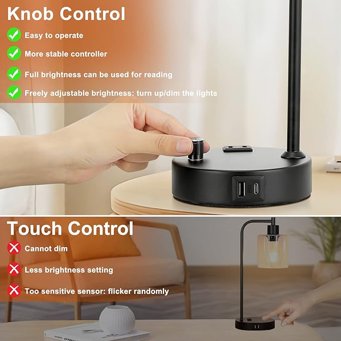 Industrial Bedroom Lamps for Nightstand Set of 2 - Fully Dimmable Bedside Lamps with USB A C Ports and Outlet, Black Table Lamps with Opal Glass Shade for Living Room, Desk Lamps for Office Reading - Image 3