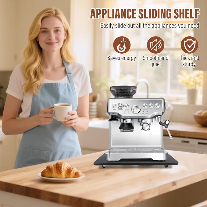 360° Appliance Slider Sliding Tray, Coffee Maker Rolling Tray for Counter Under Cabinet Coffee Pot Mat for Espresso Machine, Toaster, Air Fryer, Quiet Wheels, Black (Large 15.7"×13") - Image 6