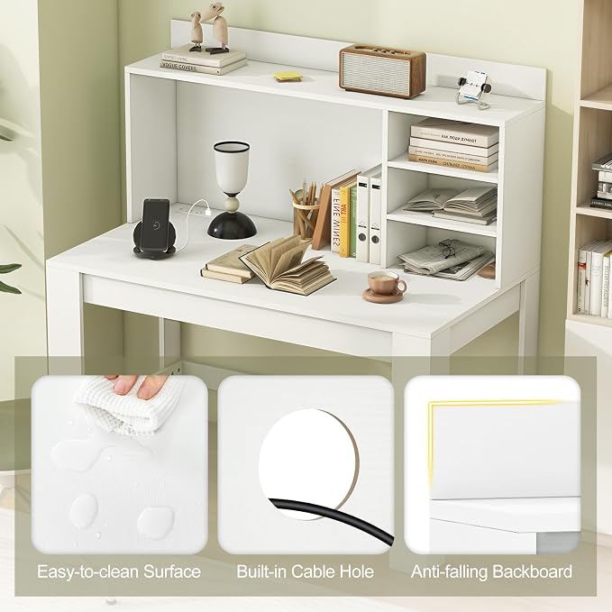 Giantex Computer Desk with Hutch, Modern Home Office Desk with Power Outlets, Storage Shelves & Cable Hole, Makeup Vanity Table, Study Writing Desk for Bedroom Office Small Space, White - Image 7