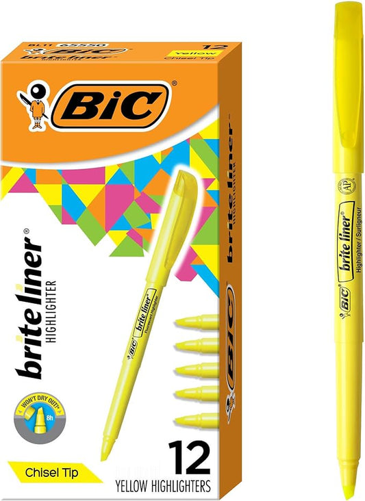 BIC Brite Liner Highlighters, Chisel Tip, 12-Count Pack, Yellow Ink by BIC