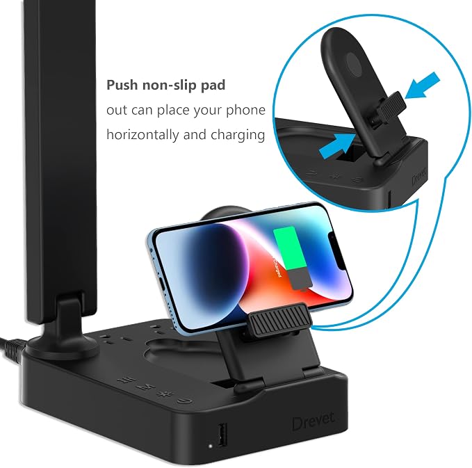 Drevet LED Desk Lamp with Wireless Charger, Desk Table Light with USB Charging Port and 2 Outlets, 3 Lighting Modes, 3 Level Brightness, 1H Timer, Touch Control, Eye-Caring Home Office Foldable Lamp - Image 6