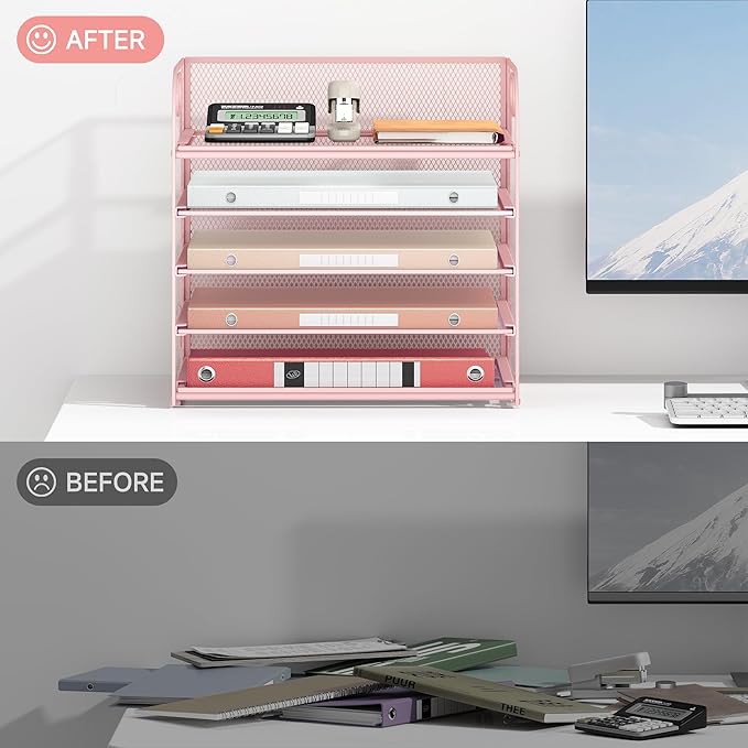 Lavatino Desk Paper Organizer with Handle, 2 Pack 5-Tier Pink Mesh Desk File Folder Holder Letter Tray Sorter Organizer for Office, Home or School - Image 5