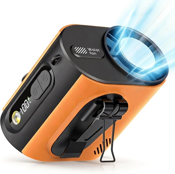 Portable Wearable Waist Iec Fan,with Semiconductor Ice Cooler,10000mAh Rechargeable Clip On Belt Cooling Fan, 100-Speed/16000RPM Personal Body Fans,25H Work Time for Camping, Outdoor, Jobsite（Orange） by Unknown