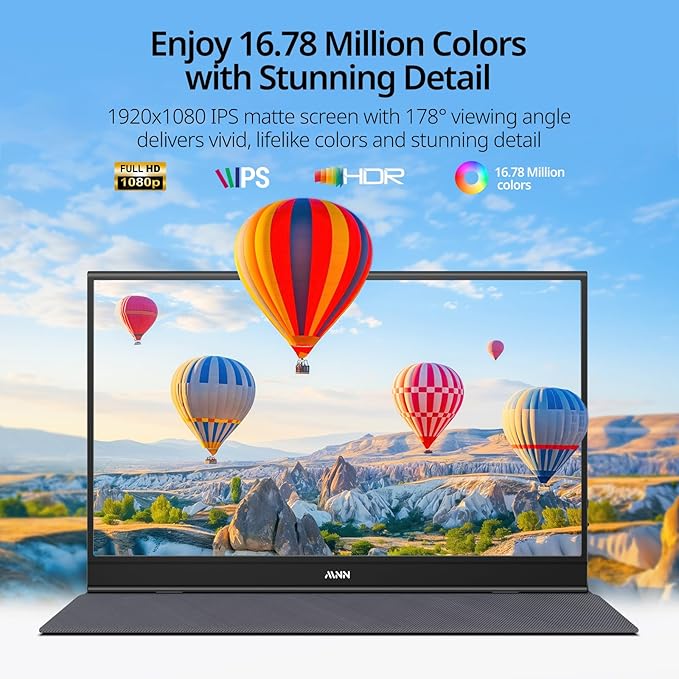 MNN 15.6" FHD 60Hz Portable Monitor USB-C HDMI IPS HDR Gaming Laptop | 15.6" FHD IPS HDR, 0.76cm/694g, USB-C one-cable, PC/Mac/Phone/Switch, speakers+stand, L/P, low blue, work&game - Image 2