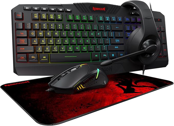 Redragon S101-3 Wired RGB Backlit Gaming Keyboard and Mouse Combo, Programmable Keyboard and Mouse (800-7200DPI), Gaming Headset Mouse Pad Combo All in 1 PC Gamer Bundle for Windows PC (Black) by REDRAGON
