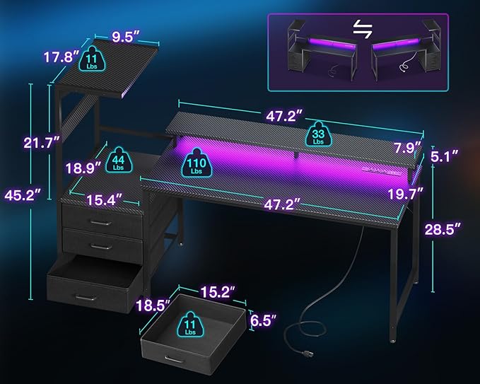 AODK 63 inch Gaming Desk with PC Display Stand, Reversible Steel Wood Computer Desk for Gaming Setup, Tiered Design to Show Off Your PC Tower & Accessories, Black - Image 3