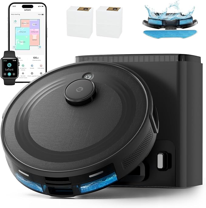 Lefant Robot Vacuum and Mop Combo,75-Days Self-Emptying,6000Pa Powerful Scution,Multi-Floor Mapping, No-Go Zones,140 Min Runtime,2.4G/5G WiFi/Alexa/APP/iWatch, M2 Plus Black by Lefant