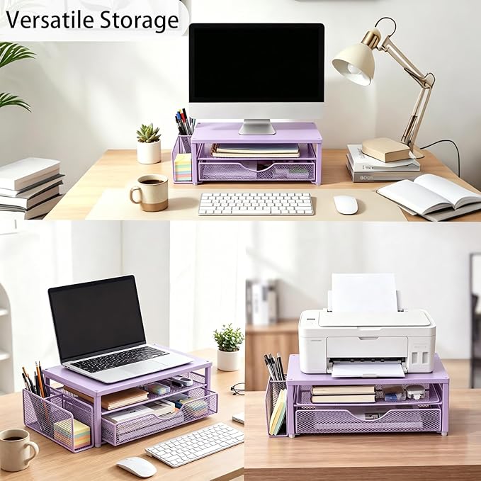 Spacrea Desk Organizer and Accessories, Computer Monitor Stand Riser with Drawer and 1 Open Pen Holder, Printer & Laptop Stand, Office Desk Accessories for Home Office Supplies (Purple) - Image 3