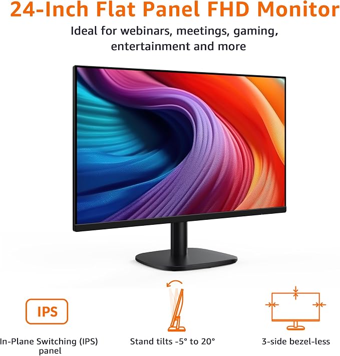 Amazon Basics 24 Inch (23.8 inch viewable) Monitor, FHD 1080P, Max 100Hz, VESA Compatible, Built-in Speakers, Black - Image 2