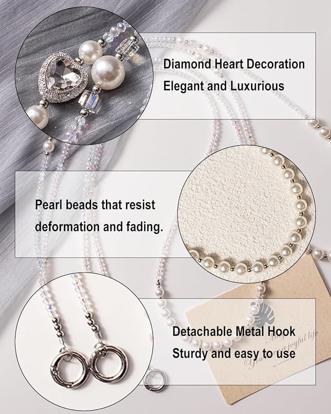 Phone Chain Crossbody Pearl Strap,Pearl Beaded Chain Shoulder Crossbody Lanyard with Phone Tether Patches Compatible with Most Phones Bag Purse - Image 2