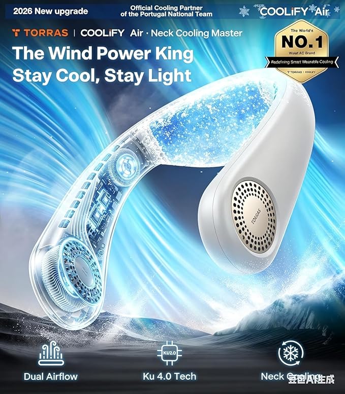 TORRAS COOLiFY Air 2026 Upgraded Neck Fan Air Conditioner, Dual-Airflow Pro Cooling, Ultra Light Portable Fan Rechargeable, Personal Cooling Fan Travel Essentials, Gift for Dad Father,White - Image 2
