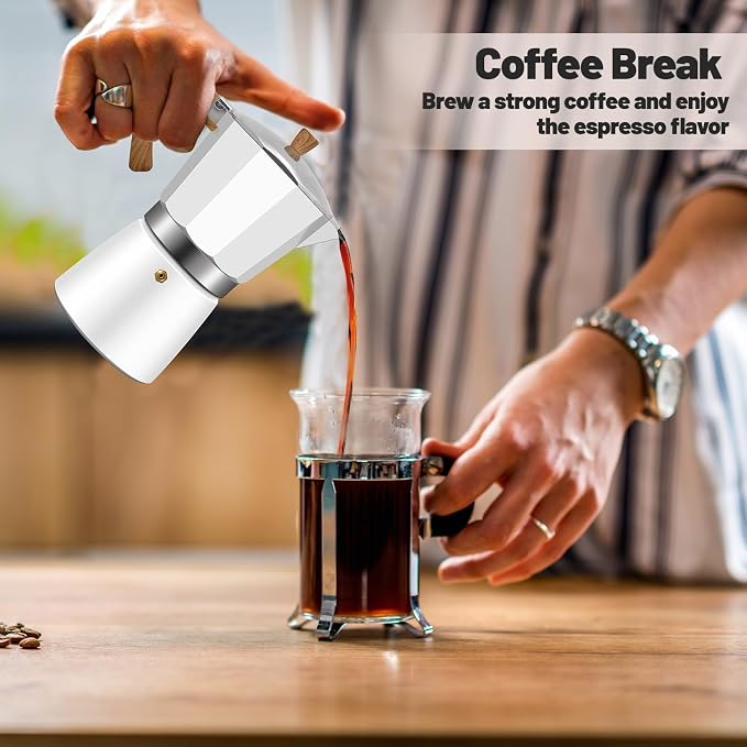 3 Cup Aluminum Moka Pot Classic Stovetop Espresso Coffee Maker 150ml 5oz Coffeemaker Percolator Mocha Express Preferred Cafe Makers for Italian and Cuban Café Brewing White - Image 9
