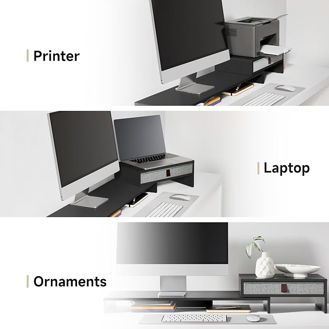 Fenge Computer Monitor Riser Stand with Drawer for 2 or 3 Monitors ,Adjustable Length and Angle Desktop Laptop Stand,Office Organizer,Printer,Black - Image 9