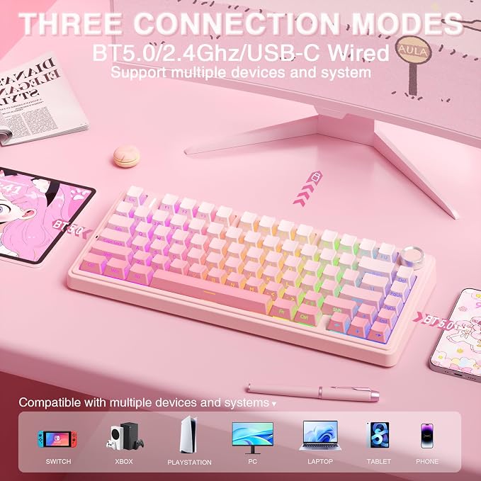 AULA F75 Pro Wireless Mechanical Keyboard Silent Version,75% Hot Swappable Custom Keyboard with Knob,RGB Backlit,Pre-lubed Switches,Side Printed PBT Keycaps,2.4GHz/USB-C/BT5.0 PC Gaming Keyboards,Pink - Image 3